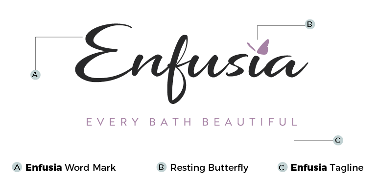 Enfusia's new logo with the Word Mark, Resting Butterfly graphic, and Tagline highlighted